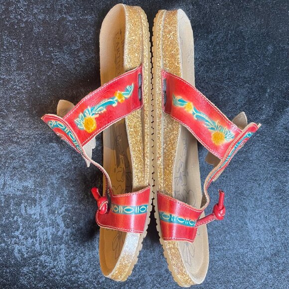 L’Artiste Spring Step Women’s 42 US 11 Red Green Leather Floral Thong Sandals - Picture 6 of 8